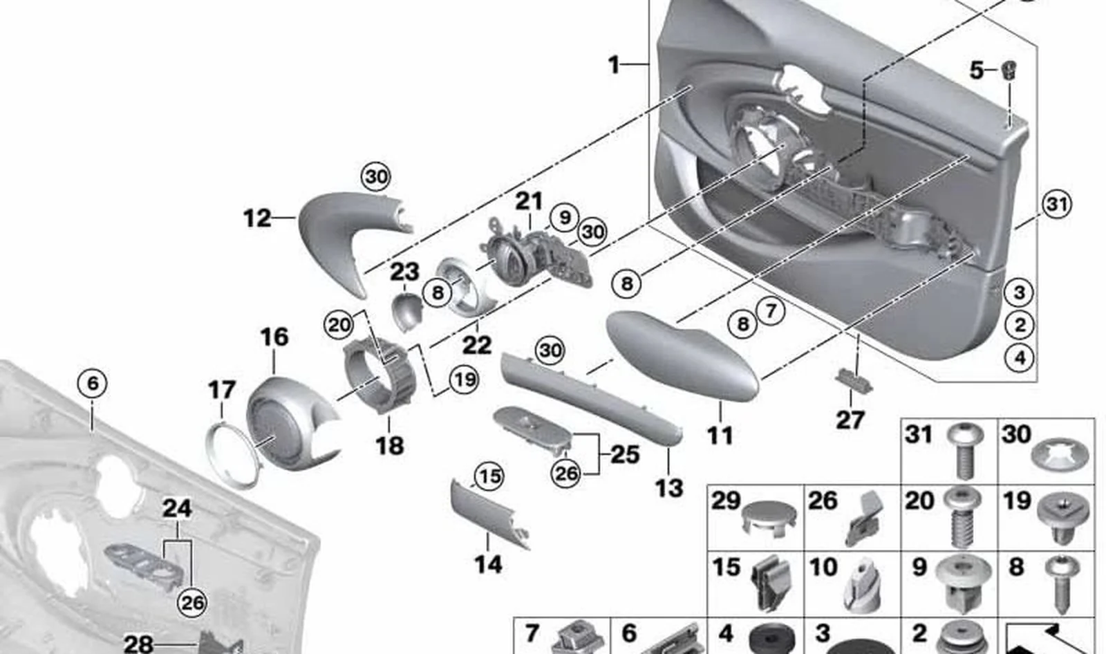 Revestimiento de puerta delantera derecha en Satellite Grey OEM 51417429344 para MINI F55, Cooper XS51, XS52, XS61... y más. Original MINI.