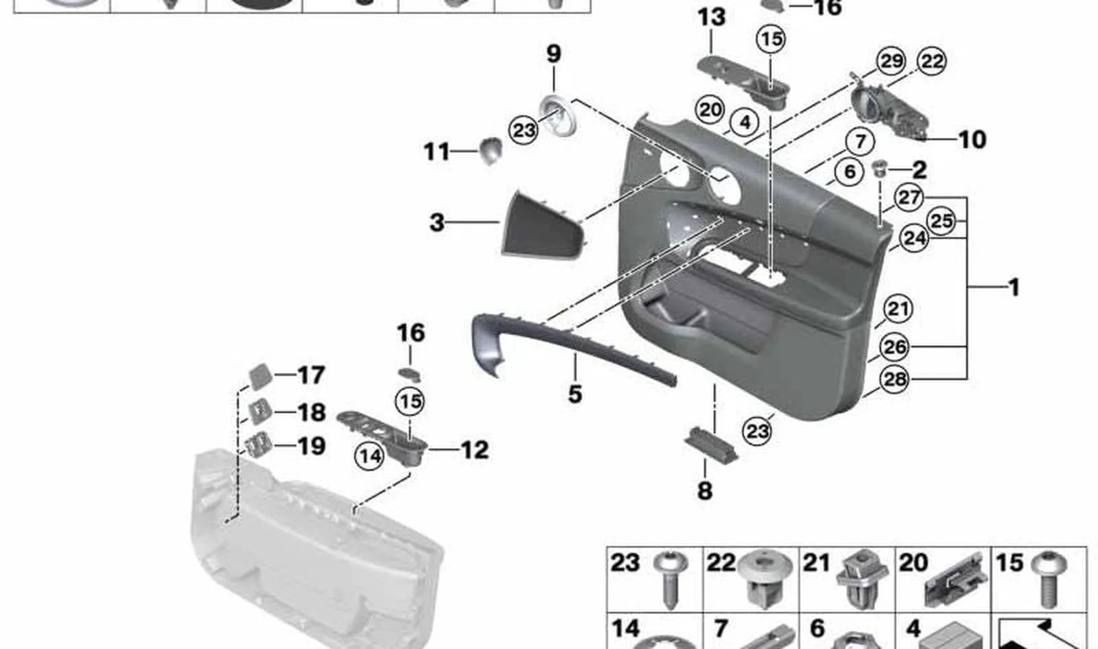 Revestimiento de puerta delantera izquierda Stone Hill Grey OEM 51417476521 para MINI Countryman F60, F60 LCI. Original MINI.