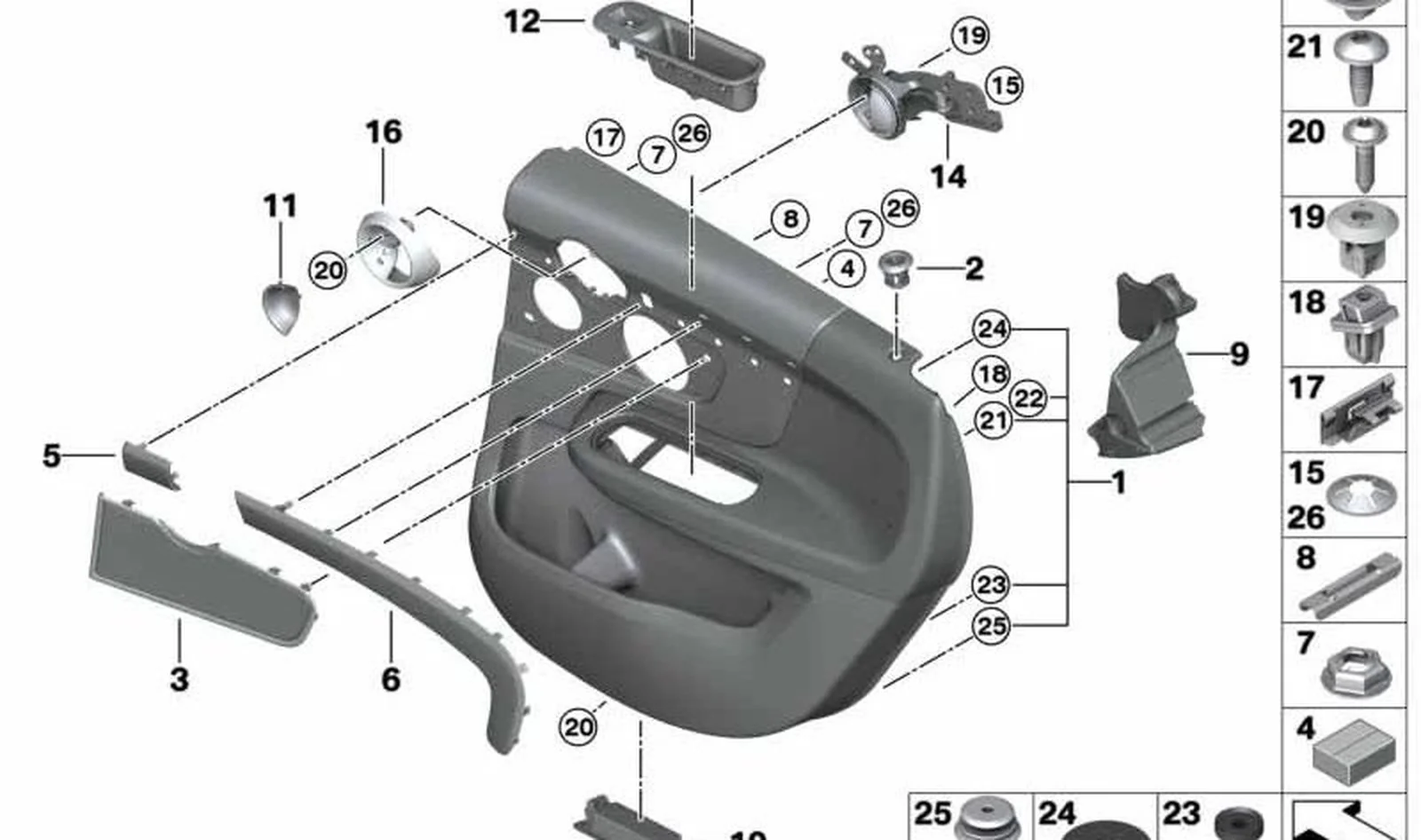Revestimiento de puerta trasera izquierda OEM 51427476641 para MINI Countryman F60 (2015-2020), F60 LCI (2019-2024) en color Malt Brown. Original MINI.