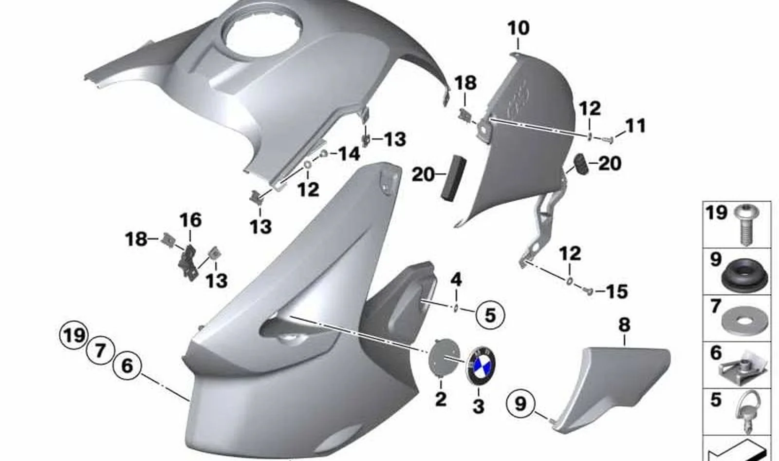 Revestimiento del depósito derecho OEM 46637694534 para BMW R1200GS, R1200GS Adventure. Original BMW Motorrad.