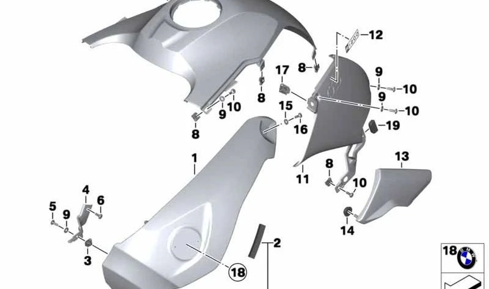 Revestimiento del depósito derecho OEM 46637698236 para BMW Motorrad R 1200 GS Adventure (K25) 2008-2013. Original BMW Motorrad.