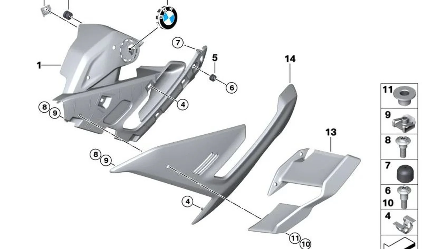 Revestimiento lateral derecho OEM 46635A7FB61 para motos BMW M 1000 R, M 1000 R (0R95, 0R53). Original BMW Motorrad.