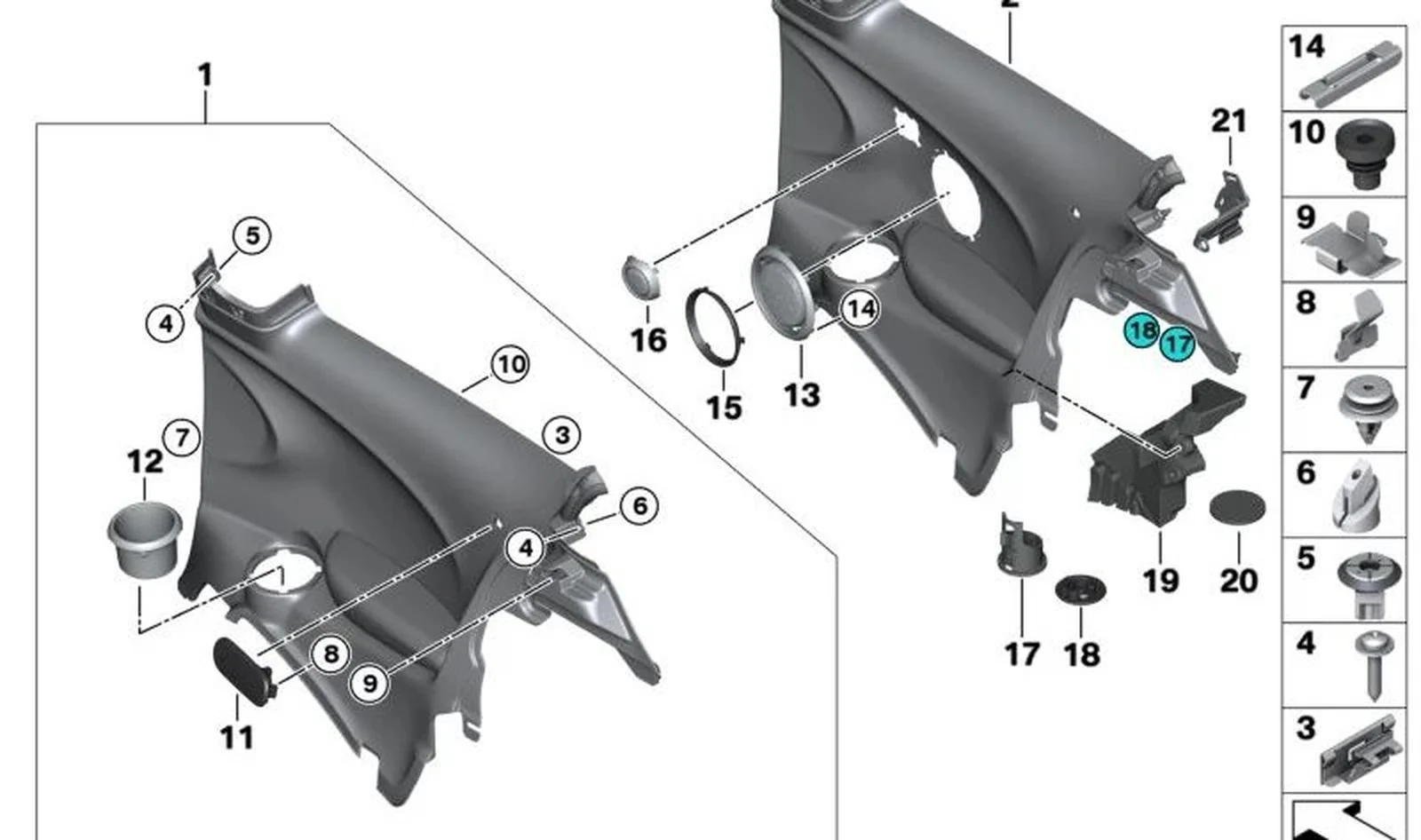 Revestimiento lateral HiFi trasero derecho OEM 51437410578 para MINI F56, F56 BEV, F56 LCI, F56 BEV LCI. Original MINI.