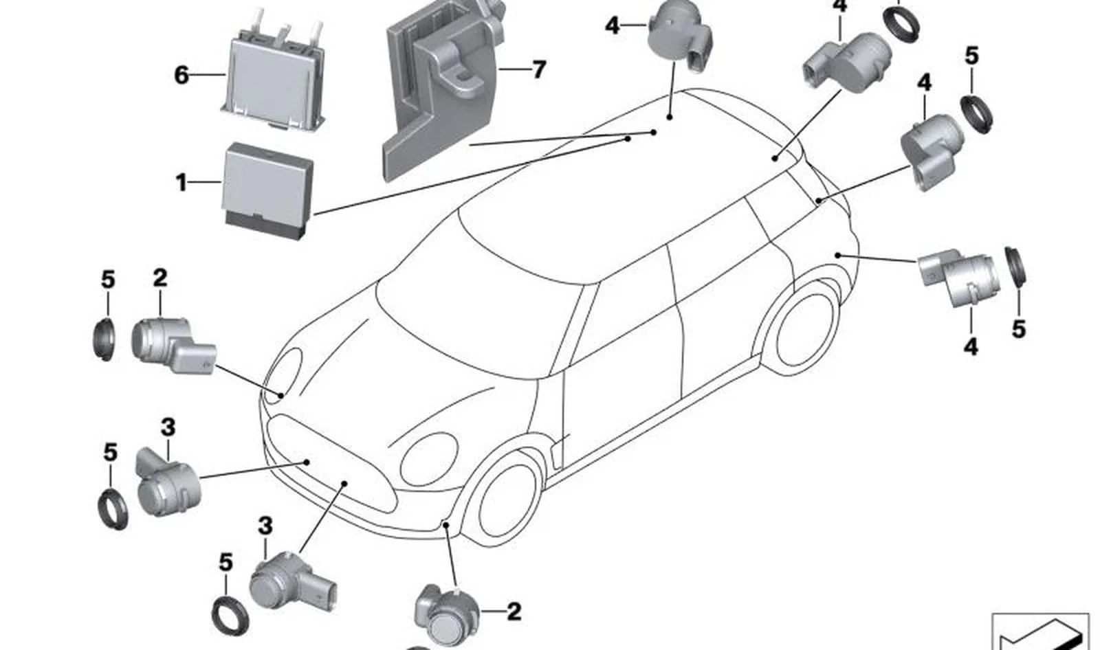Sensor ultrasónico PDC verde British Racing OEM 66209490145 para MINI F54 Clubman, F55, F56, F57 Cabrio, F60 Countryman... y más. Original MINI.