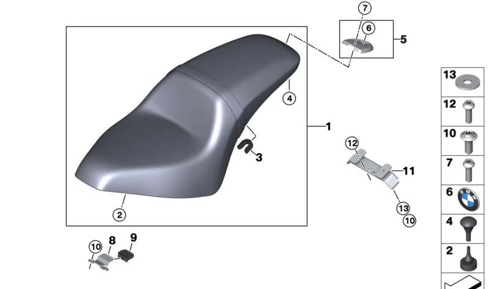 Soporte asiento del conductor OEM 52539444676 para motos BMW R 18, R 18 Classic, R 18 Roctane. Original BMW Motorrad.