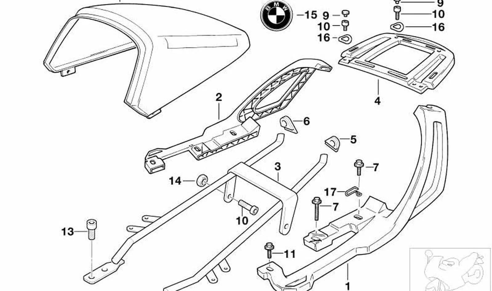 Soporte auxiliar portaequipajes OEM 46547662047 para motos BMW R1100RS, R1100RT, R850RT, R1150RS, R1150RT... y más. Original BMW Motorrad.