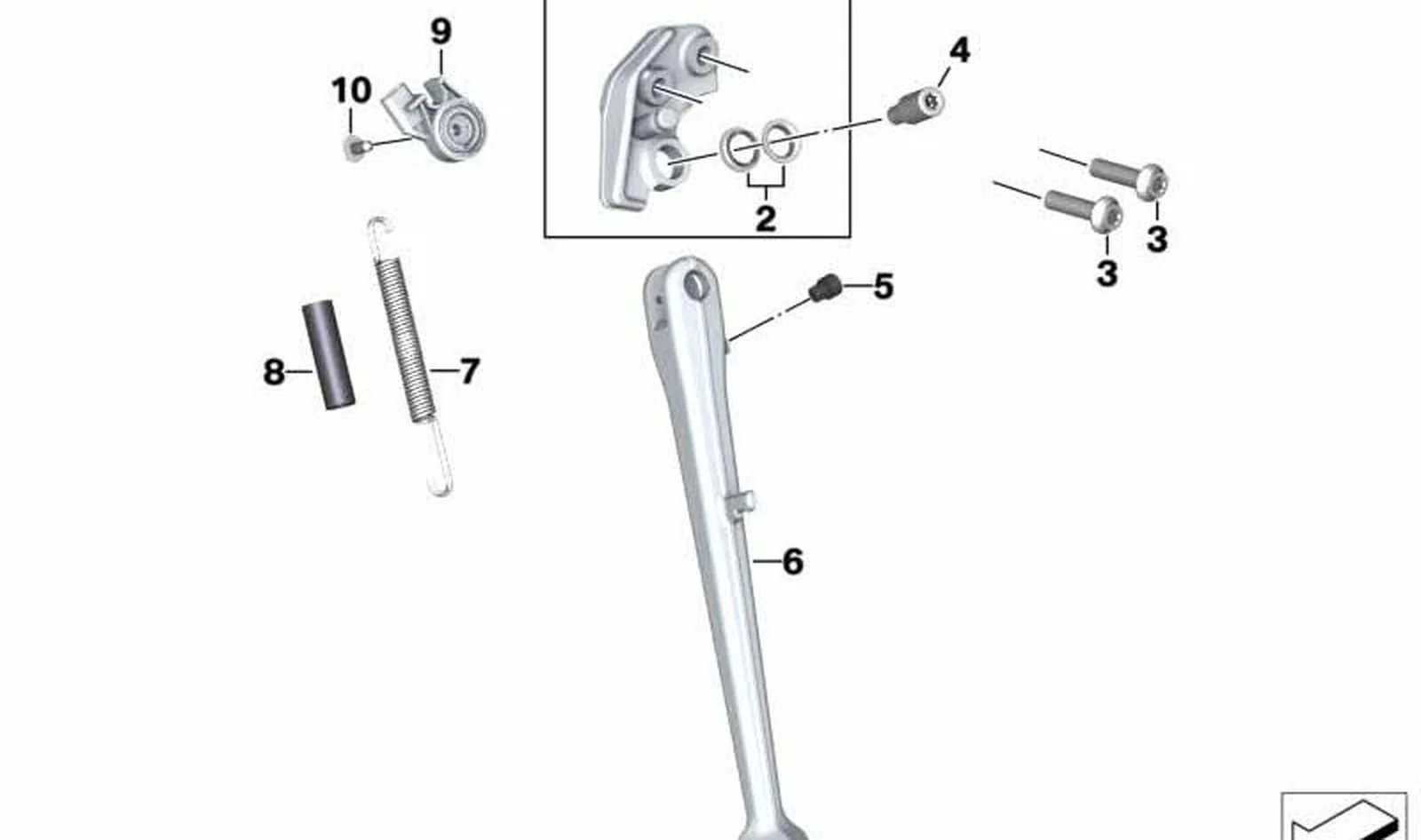 Soporte de apoyo lateral OEM 46538404587 para motos BMW S 1000 XR (K69), M 1000 XR (KM9). Original BMW Motorrad.