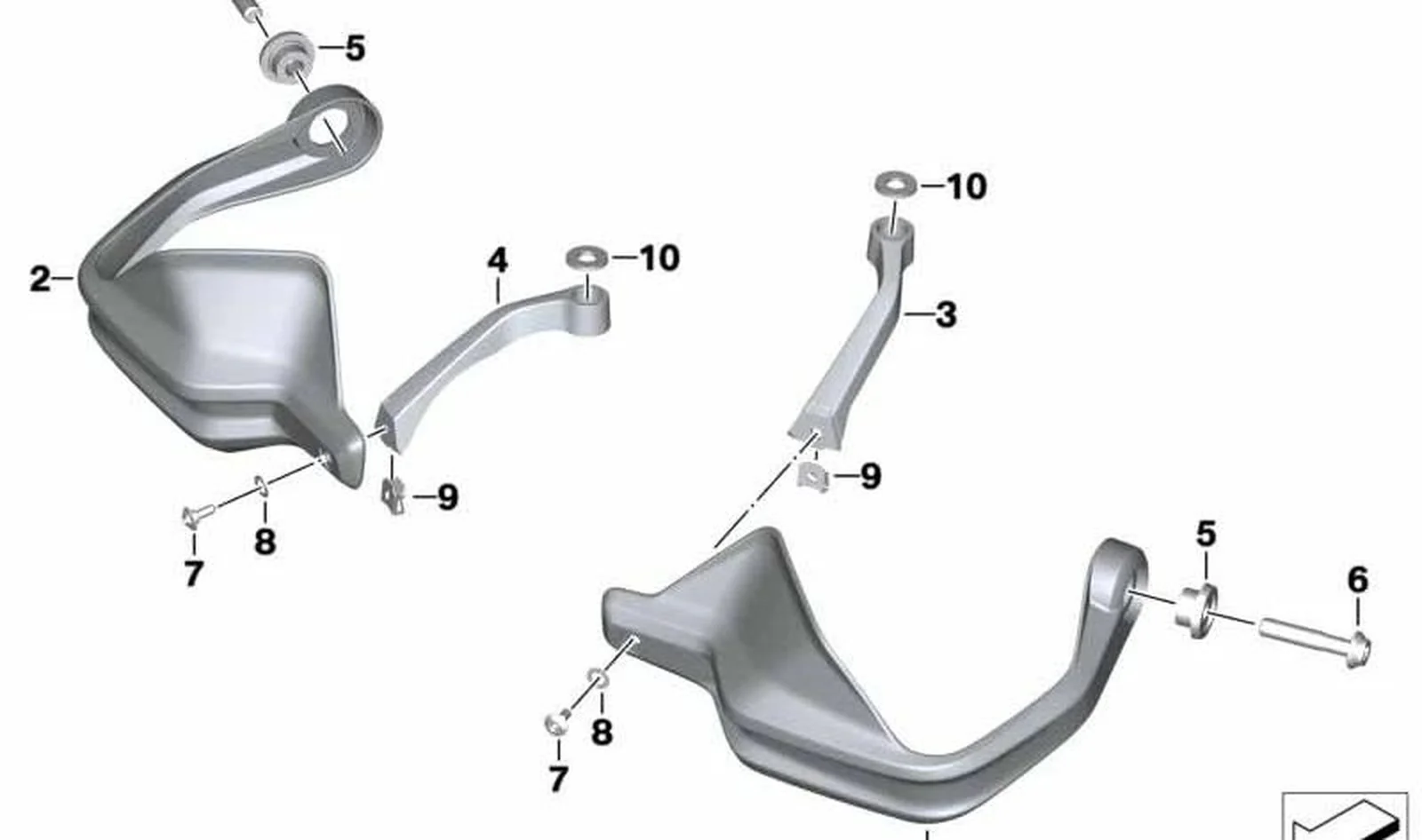 Soporte de protección de mano derecha OEM 46638382552 para motos BMW F 750 GS, F 800 GS, F 850 GS, F 900 GS... y más. Original BMW Motorrad.