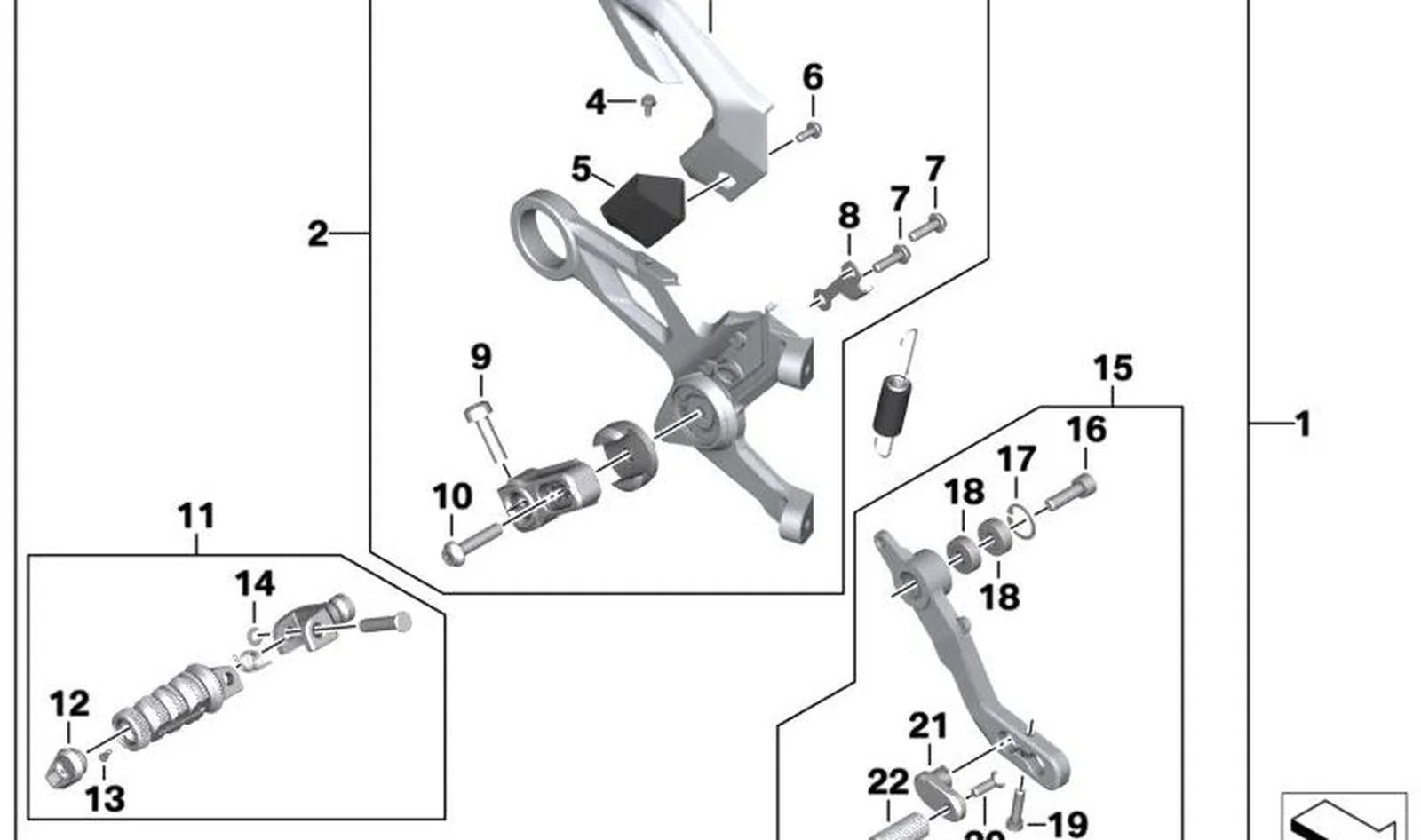 Soporte del protector del talón derecho OEM 46711539628 para motos BMW S 1000 R (K63), M 1000 R (KM3). Original BMW Motorrad.