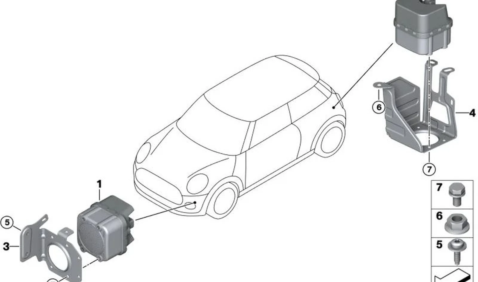 Soporte generador de sonido virtual (VSG) OEM 65158705805 delantero para MINI F56 BEV, F56 BEV LCI, Cabrio F57 BEV. Original MINI.