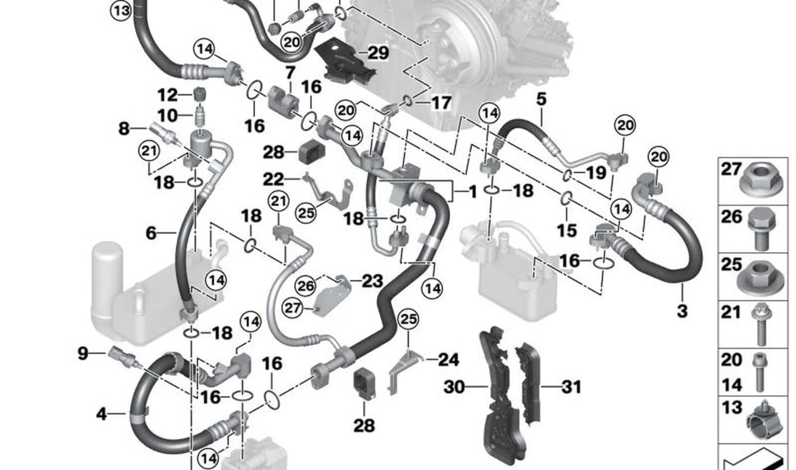 Soporte para sistema de refrigeración OEM 64129490058 para MINI F56 BEV, F56 BEV LCI, Cabrio F57 BEV. Original MINI.