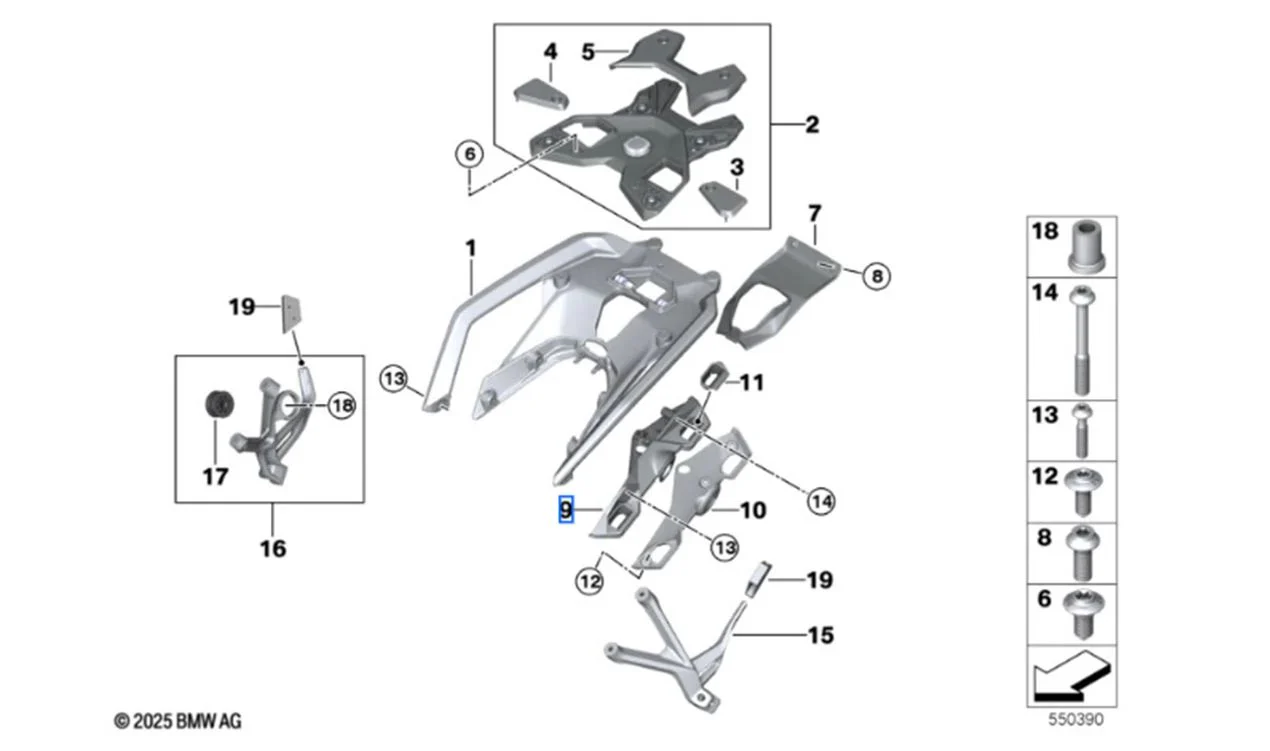 Soporte portamaletas Touring trasero derecho negro OEM 46545A713C8 para motos BMW R 1300 R, R 1300 RS. Original BMW Motorrad