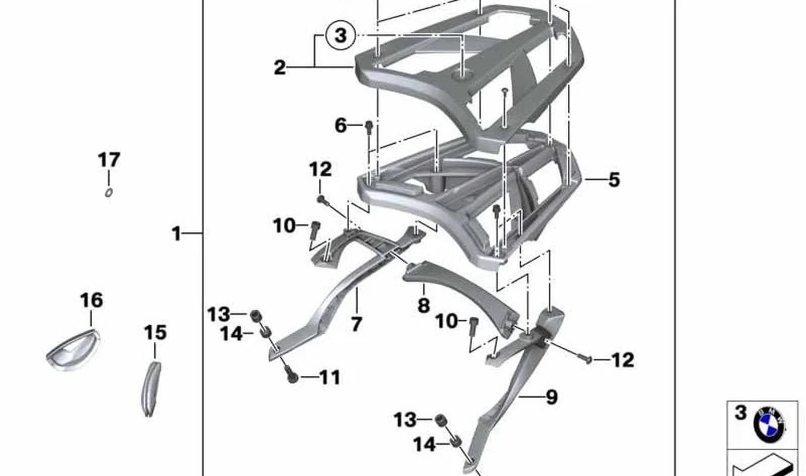 Soporte puente portaequipajes derecho OEM 77448564286 para motos BMW C evolution (K17), C 600 Sport (K18), C 650 Sport (K18). Original BMW Motorrad.