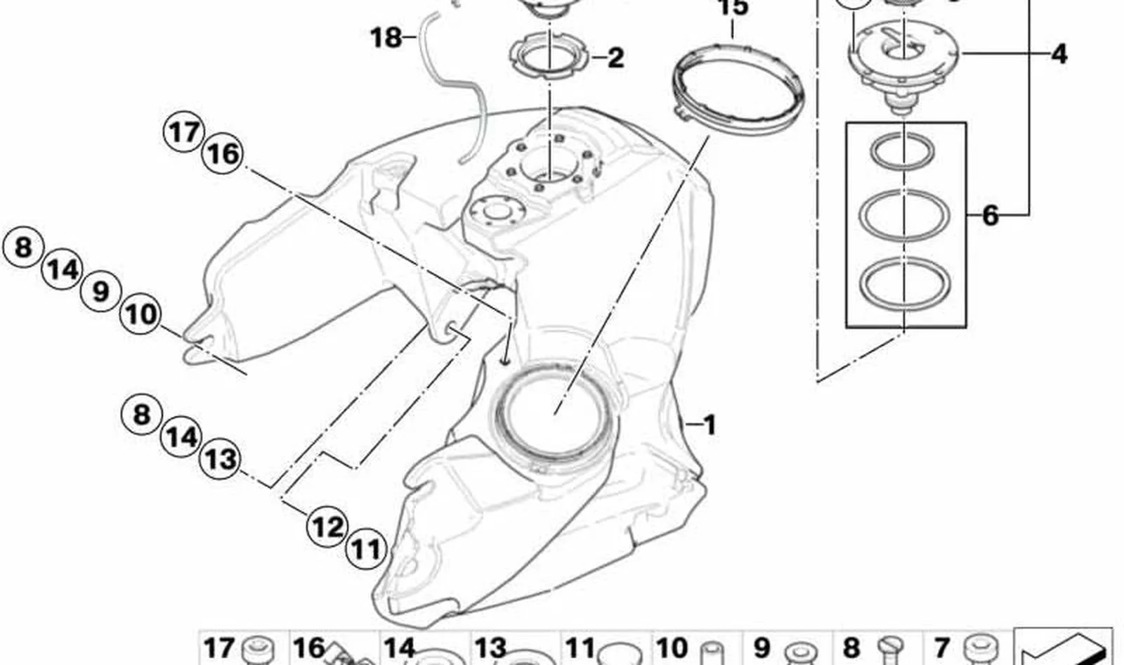 Tubo de introducción del depósito de combustible OEM 16117682844 para motos BMW R 900 RT K26, R 1200 RT K26. Original BMW Motorrad.