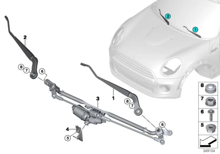 Varillaje limpiaparabrisas con motor OEM 61617419788 para MINI F56, F55, F57, F56 BEV, F56 LCI... y más. Original MINI.