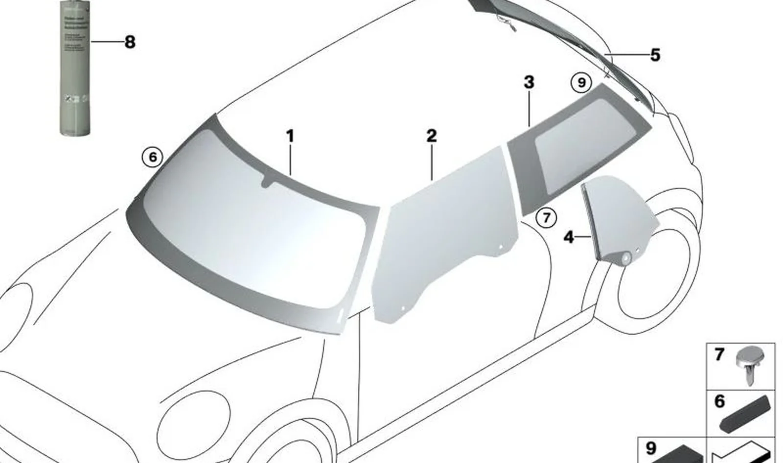 Ventanilla lateral fija trasera derecha OEM 51377461592 para MINI F56, F56 BEV, F56 LCI, F66... y más. Original MINI.